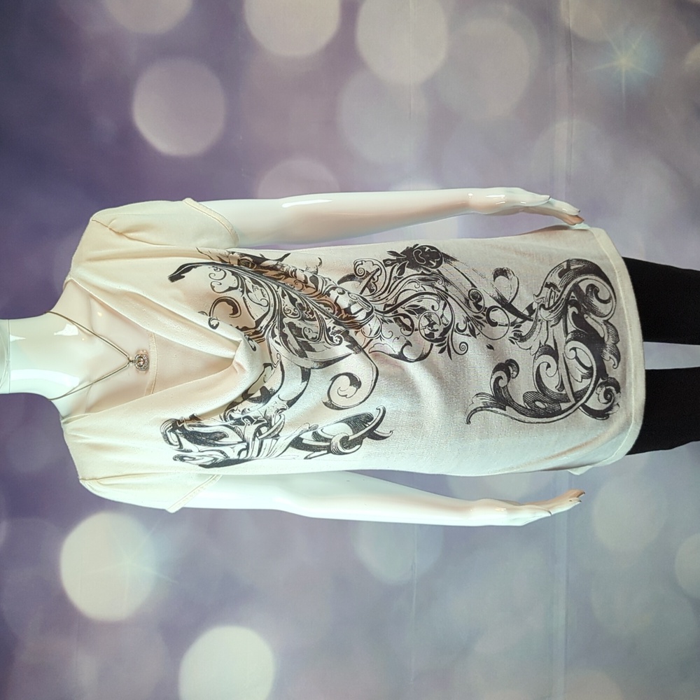 Co-Me Como sz L Short Sleeve Scroll Design Layered Look Tunic Top